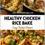 Cast iron skillet filled with baked gluten and dairy free chicken and rice casserole topped with parsley.